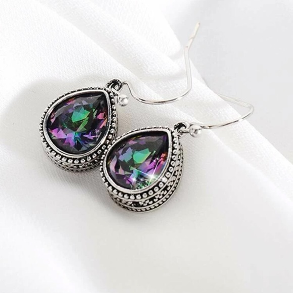Mystic Topaz Drop Purple, Green, Silver Boho Rainbow Gemstone Retro Earrings - Picture 7 of 9